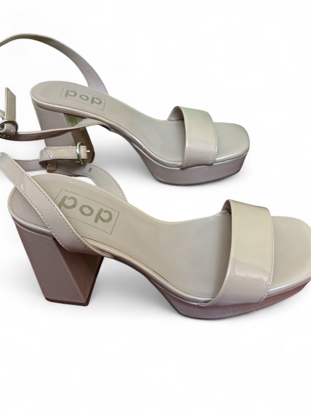 pop Patent Block Heel Platform Sandals in Beige